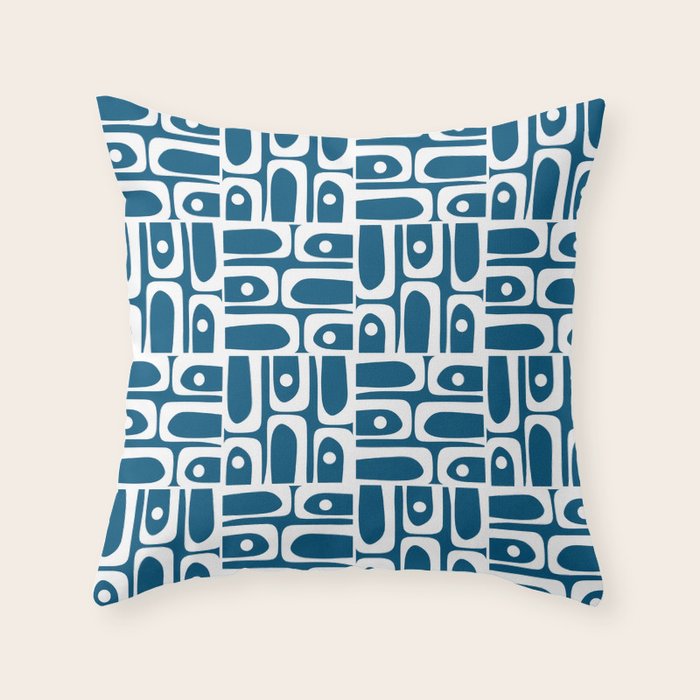 Blue and White Mid Century Modern Piquet Abstract Multi Geometric Pattern Throw Pillow Gallery Image 6