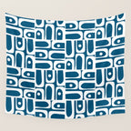 Blue and White Mid Century Modern Piquet Abstract Multi Geometric Pattern Wall Tapestry Gallery Image 4