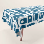 Blue and White Mid Century Modern Piquet Abstract Multi Geometric Pattern Tablecloth Gallery Image 1