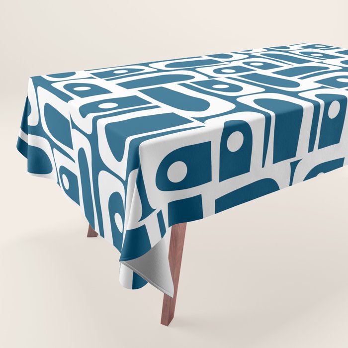 Blue and White Mid Century Modern Piquet Abstract Multi Geometric Pattern Tablecloth Gallery Image 1