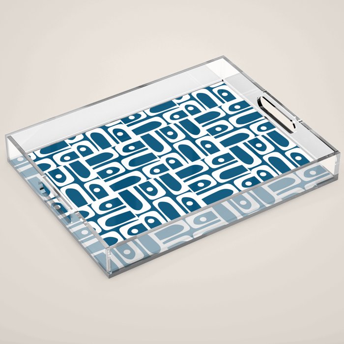 Blue and White Mid Century Modern Piquet Abstract Multi Geometric Pattern Acrylic Tray Gallery Image 1