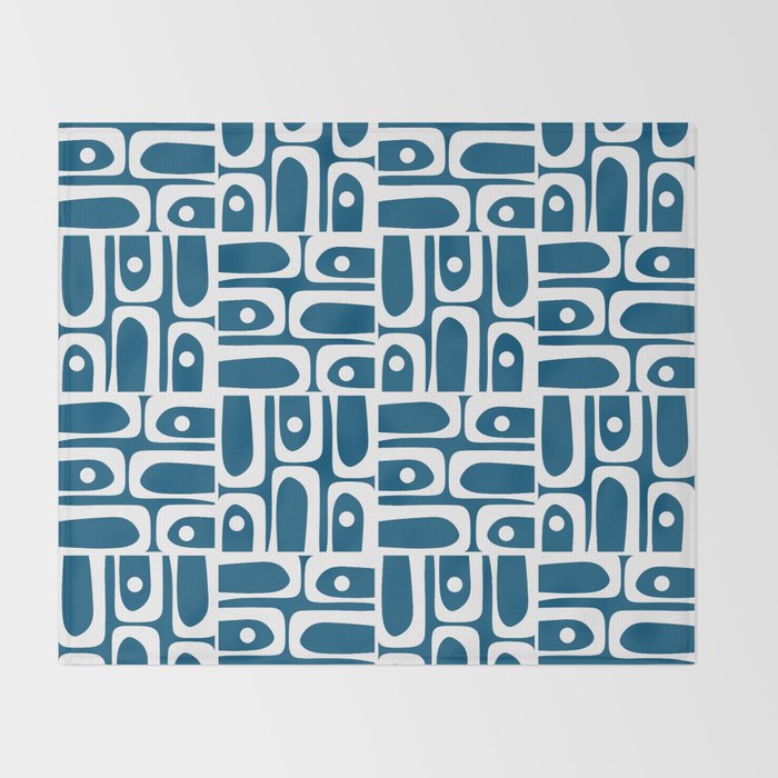 Blue and White Mid Century Modern Piquet Abstract Multi Geometric Pattern Throw Blanket Gallery Image 2