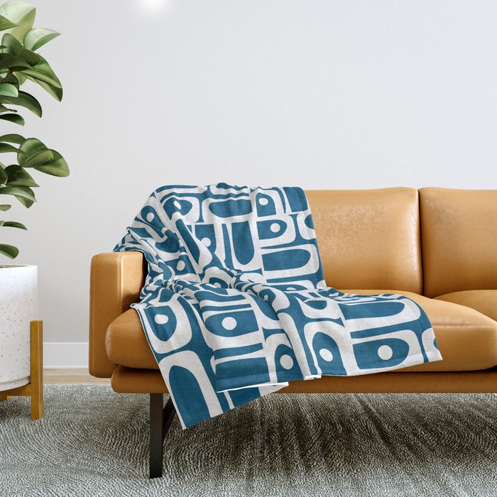 Blue and White Mid Century Modern Piquet Abstract Multi Geometric Pattern Throw Blanket Gallery Image 1