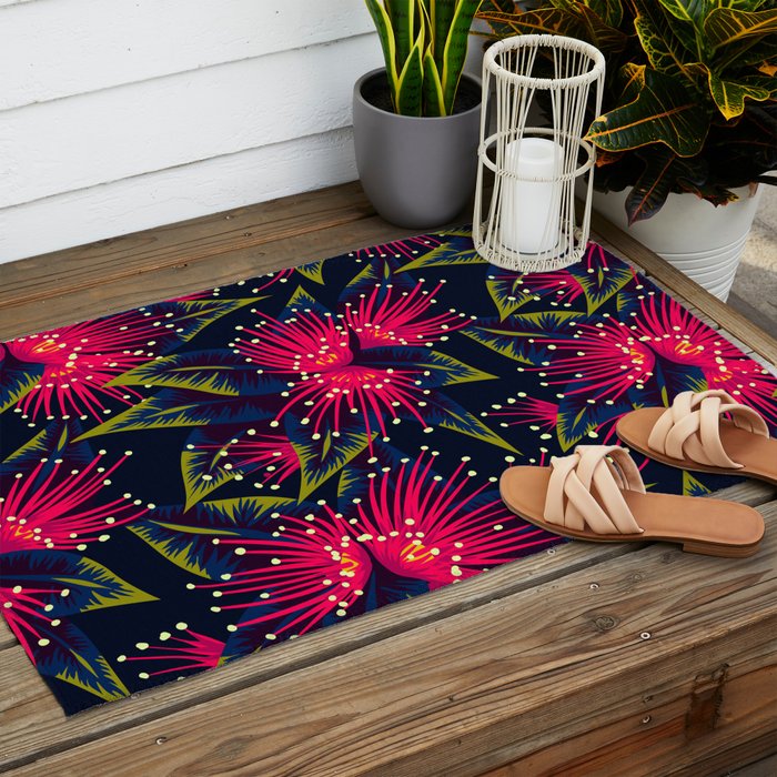 New Zealand Rata floral print (Night) Outdoor Rug Gallery Image 2