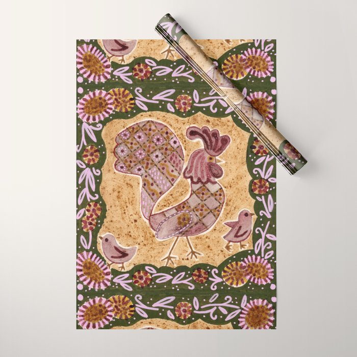 Rooster Painting in Forest Green - Folk Art Style Wrapping Paper Gallery Image 1