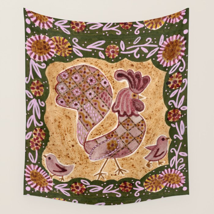 Rooster Painting in Forest Green - Folk Art Style Wall Tapestry Gallery Image 1