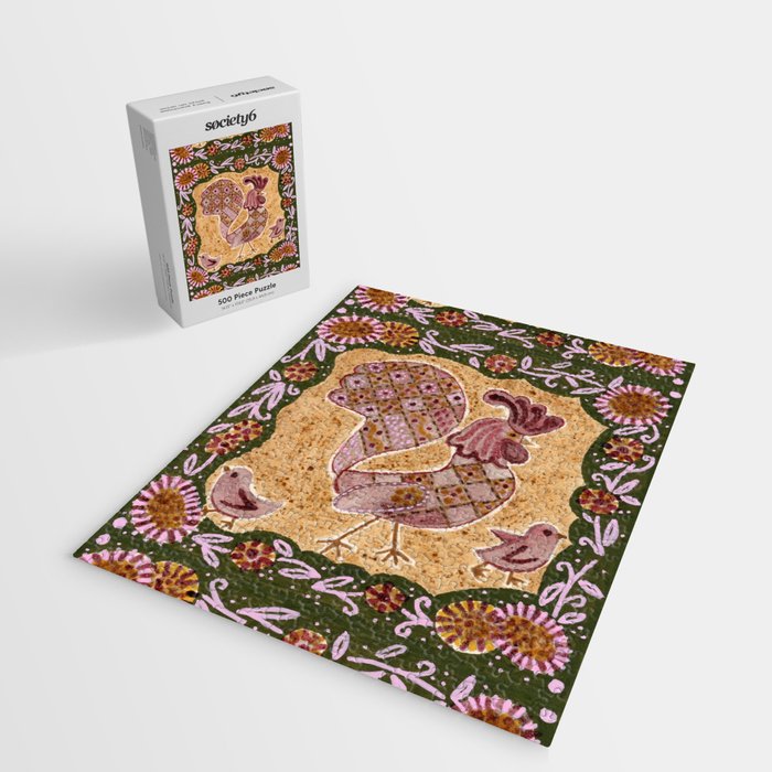 Rooster Painting in Forest Green - Folk Art Style Jigsaw Puzzle Gallery Image 2
