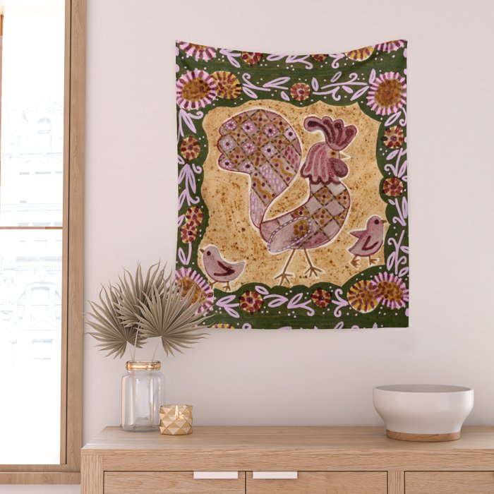 Rooster Painting in Forest Green - Folk Art Style Wall Tapestry Gallery Image 2