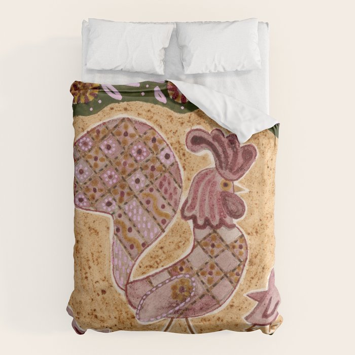 Rooster Painting in Forest Green - Folk Art Style Duvet Cover Gallery Image 1