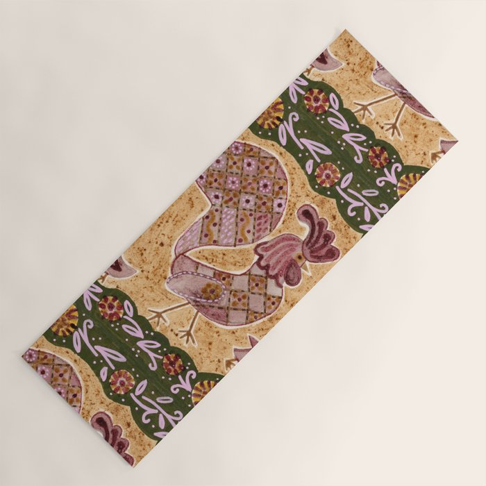 Rooster Painting in Forest Green - Folk Art Style Yoga Mat Gallery Image 1
