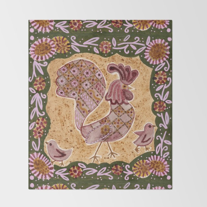 Rooster Painting in Forest Green - Folk Art Style Throw Blanket Gallery Image 2