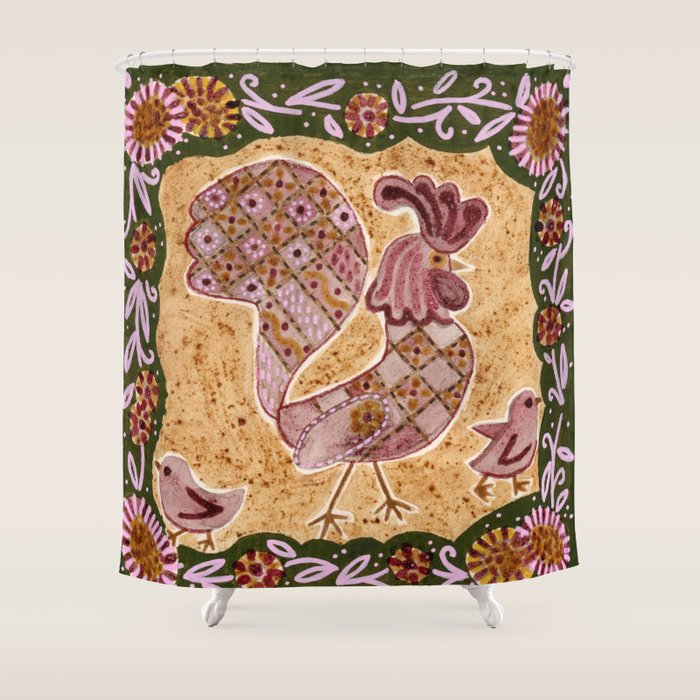 Rooster Painting in Forest Green - Folk Art Style Shower Curtain Gallery Image 1