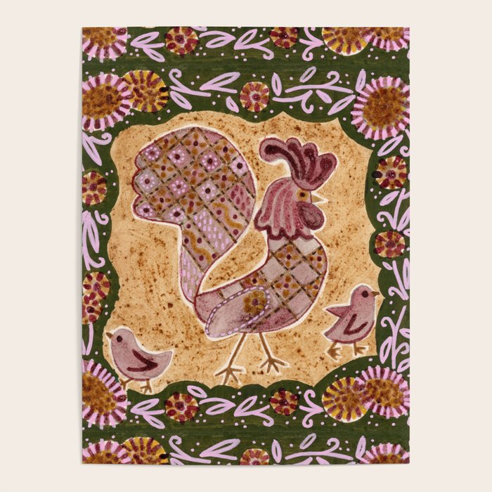 Rooster Painting in Forest Green - Folk Art Style Poster Gallery Image 1