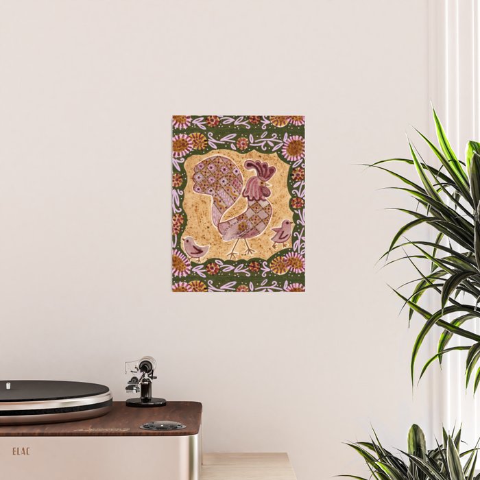 Rooster Painting in Forest Green - Folk Art Style Poster Gallery Image 2