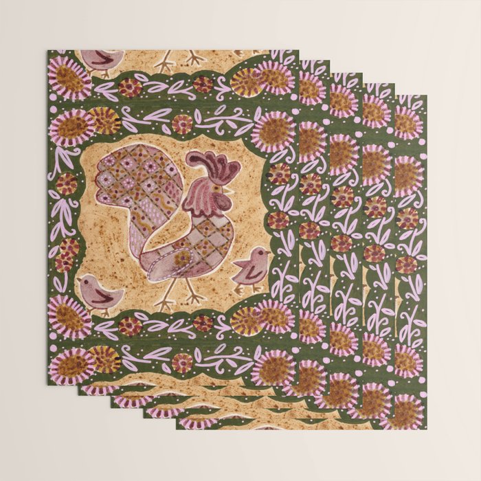 Rooster Painting in Forest Green - Folk Art Style Wrapping Paper Gallery Image 3