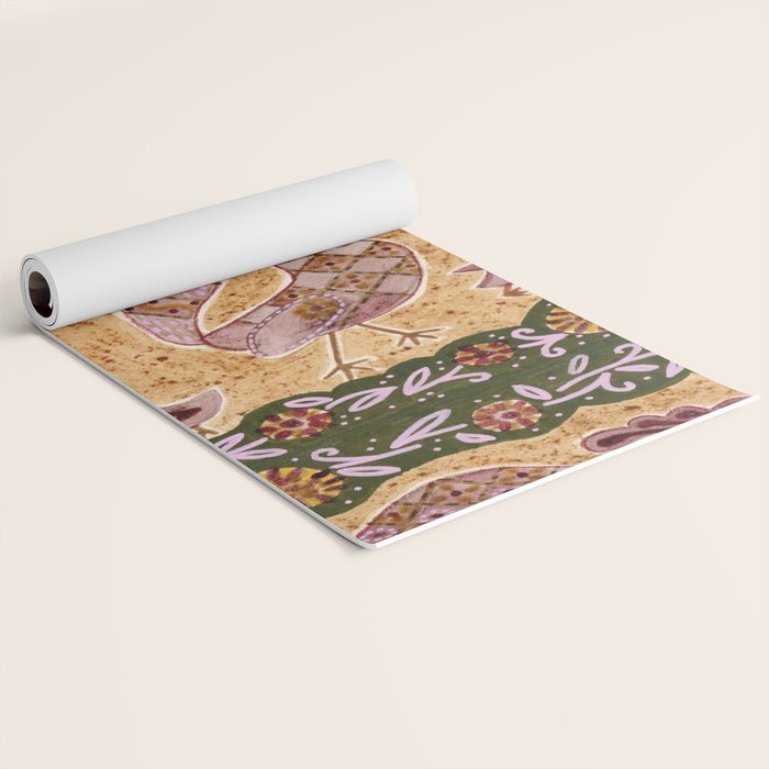 Rooster Painting in Forest Green - Folk Art Style Yoga Mat Gallery Image 2
