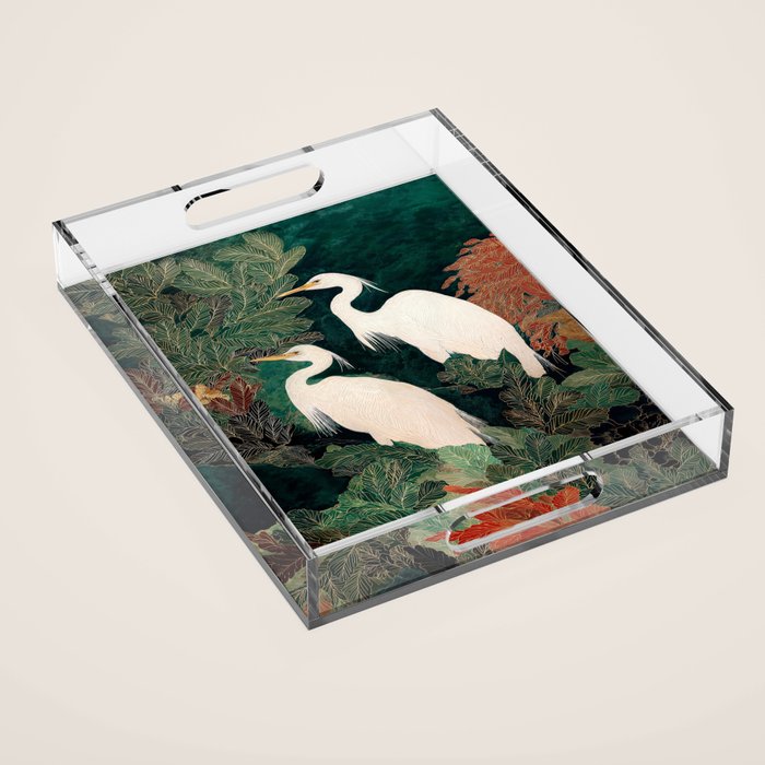 Japanese chinoiserie Bird Wall Art Maximalist Green Print Heron Painting japandi living room poster Acrylic Tray Gallery Image 1