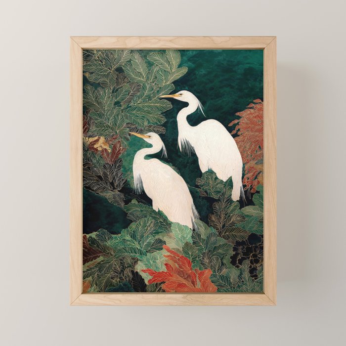 Japanese chinoiserie Bird Wall Art Maximalist Green Print Heron Painting japandi living room poster Mini Art Print Gallery Image 1
