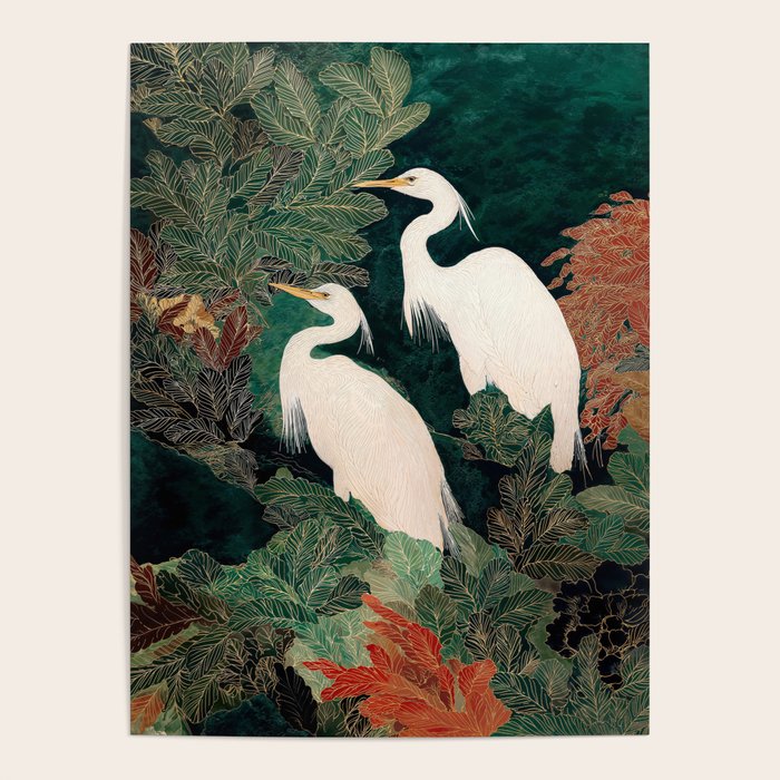Japanese chinoiserie Bird Wall Art Maximalist Green Print Heron Painting japandi living room poster Poster Gallery Image 4