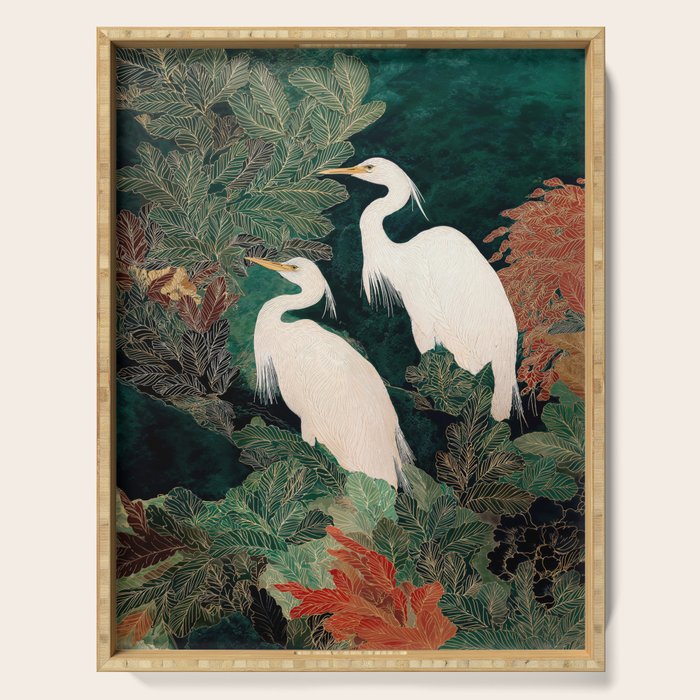 Japanese chinoiserie Bird Wall Art Maximalist Green Print Heron Painting japandi living room poster Serving Tray Gallery Image 1