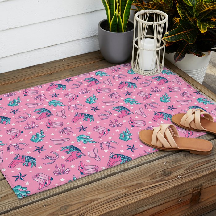 Cowgirl Christmas - pink and teal Outdoor Rug Gallery Image 2