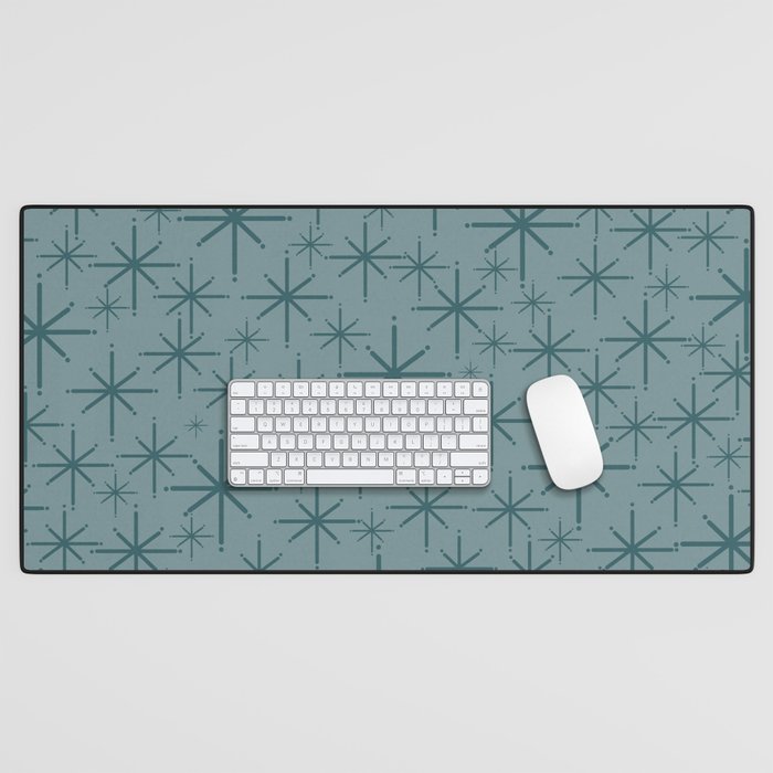 Midcentury Modern Twinkly Retro Starburst Pattern in Light Steel Blue Desk Mat Gallery Image 1