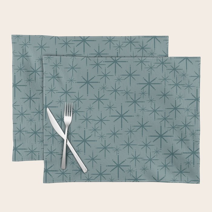 Midcentury Modern Twinkly Retro Starburst Pattern in Light Steel Blue Placemat Gallery Image 1