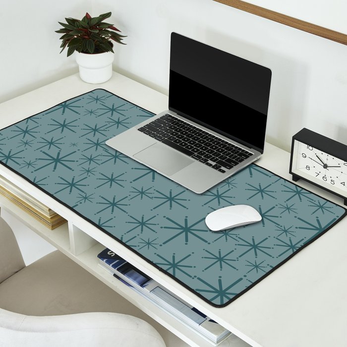 Midcentury Modern Twinkly Retro Starburst Pattern in Light Steel Blue Desk Mat Gallery Image 2