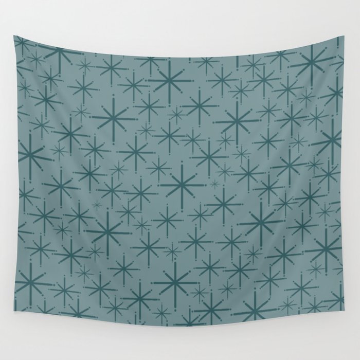 Midcentury Modern Twinkly Retro Starburst Pattern in Light Steel Blue Wall Tapestry Gallery Image 4