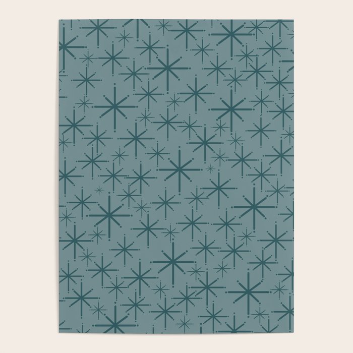 Midcentury Modern Twinkly Retro Starburst Pattern in Light Steel Blue Poster Gallery Image 4