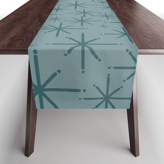 Midcentury Modern Twinkly Retro Starburst Pattern in Light Steel Blue Table Runner Gallery Image 1