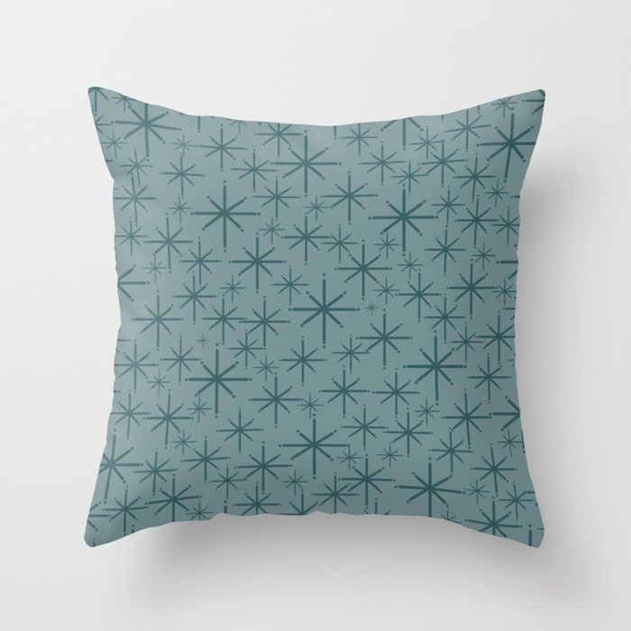 Midcentury Modern Twinkly Retro Starburst Pattern in Light Steel Blue Throw Pillow Gallery Image 1
