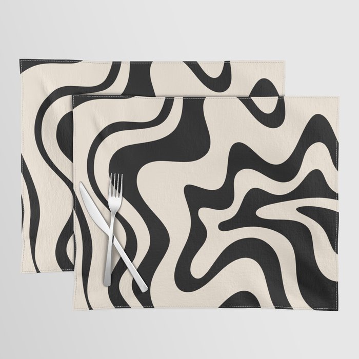 Retro Liquid Swirl Abstract Pattern Black and Almond Cream Placemat Gallery Image 1
