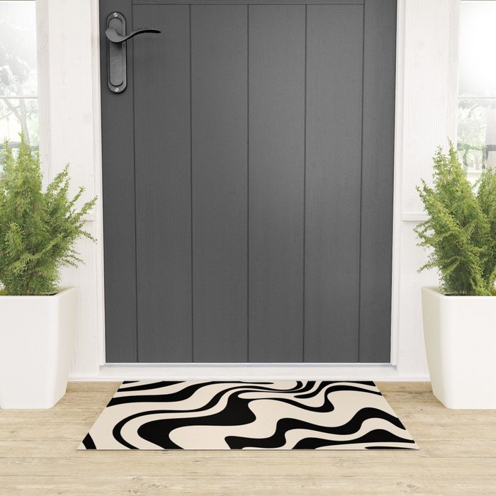 Retro Liquid Swirl Abstract Pattern Black and Almond Cream Welcome Mat Gallery Image 3