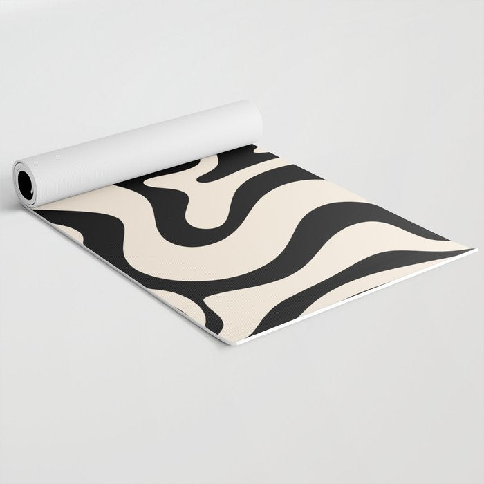 Retro Liquid Swirl Abstract Pattern Black and Almond Cream Yoga Mat Gallery Image 2