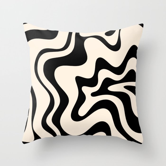 Retro Liquid Swirl Abstract Pattern Black and Almond Cream Throw Pillow Gallery Image 6