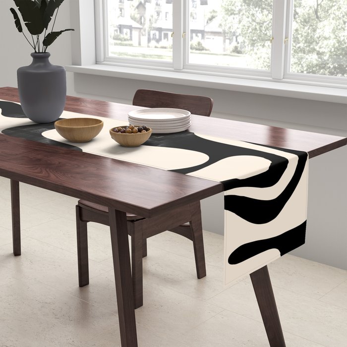 Retro Liquid Swirl Abstract Pattern Black and Almond Cream Table Runner Gallery Image 2