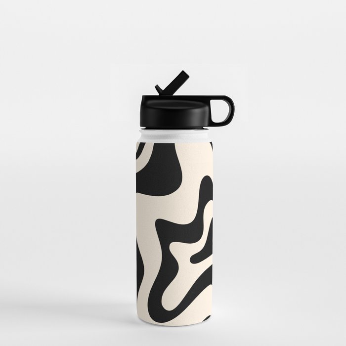 Retro Liquid Swirl Abstract Pattern Black and Almond Cream Water Bottle Gallery Image 1