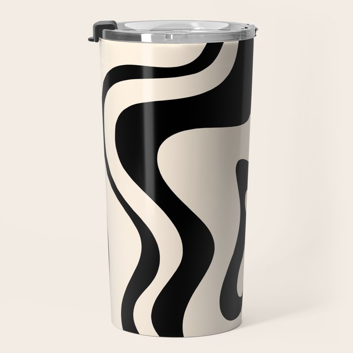 Retro Liquid Swirl Abstract Pattern Black and Almond Cream Travel Mug Gallery Image 3
