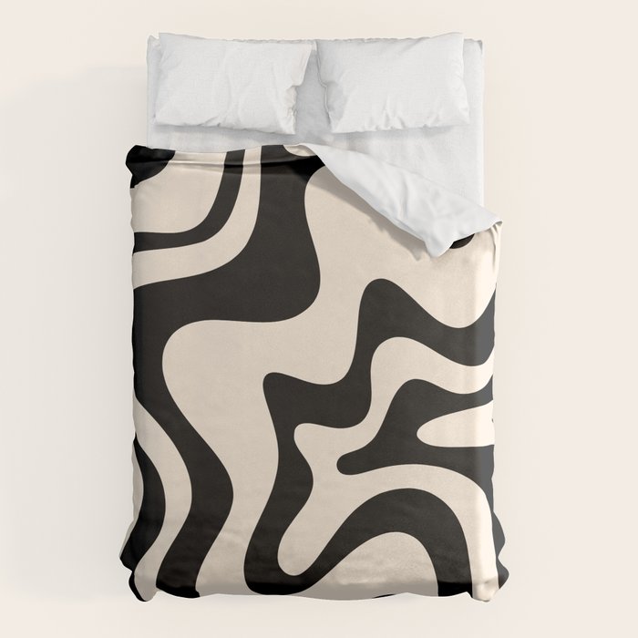Retro Liquid Swirl Abstract Pattern Black and Almond Cream Duvet Cover Gallery Image 6