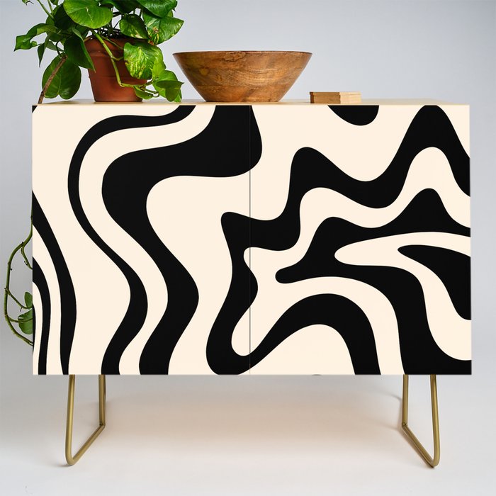 Retro Liquid Swirl Abstract Pattern Black and Almond Cream Credenza Gallery Image 1