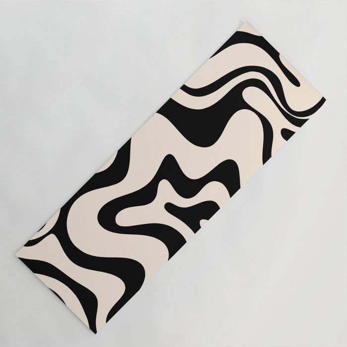 Retro Liquid Swirl Abstract Pattern Black and Almond Cream Yoga Mat Gallery Image 1