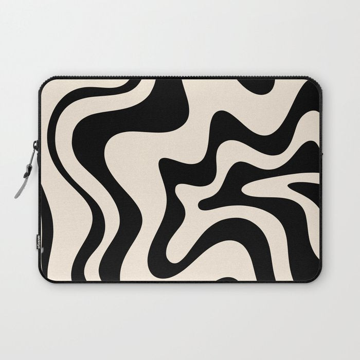 Retro Liquid Swirl Abstract Pattern Black and Almond Cream Laptop Sleeve Gallery Image 1