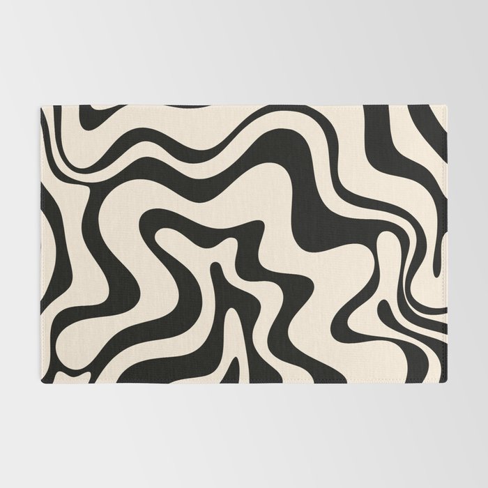 Retro Liquid Swirl Abstract Pattern Black and Almond Cream Rug Gallery Image 2