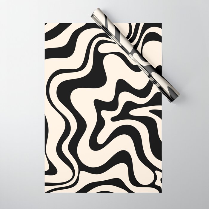 Retro Liquid Swirl Abstract Pattern Black and Almond Cream Wrapping Paper Gallery Image 1