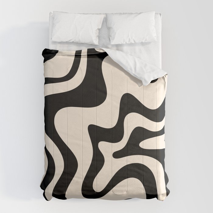 Retro Liquid Swirl Abstract Pattern Black and Almond Cream Comforter Gallery Image 1