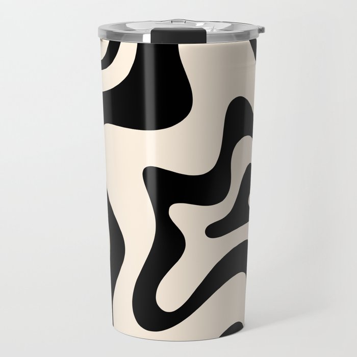 Retro Liquid Swirl Abstract Pattern Black and Almond Cream Travel Mug Gallery Image 1