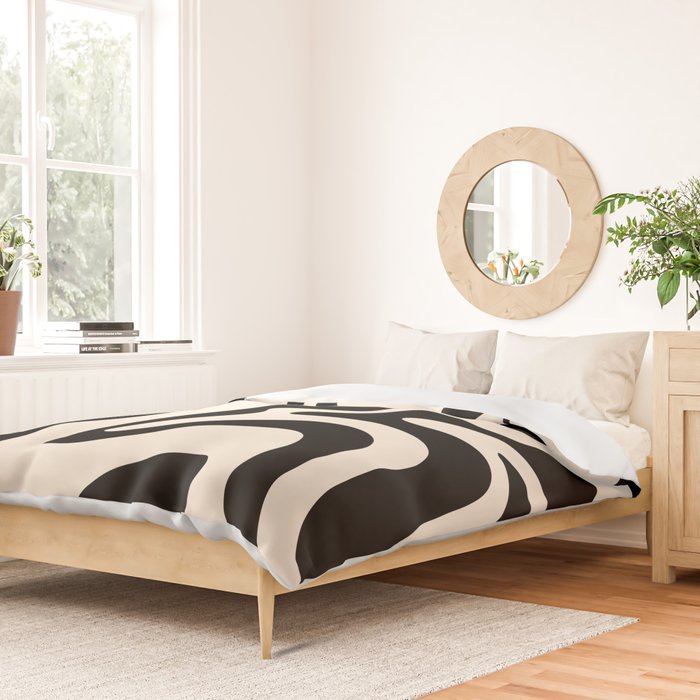 Retro Liquid Swirl Abstract Pattern Black and Almond Cream Duvet Cover Gallery Image 2