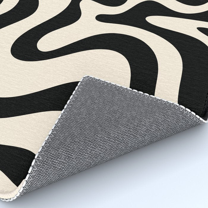 Retro Liquid Swirl Abstract Pattern Black and Almond Cream Rug Gallery Image 4
