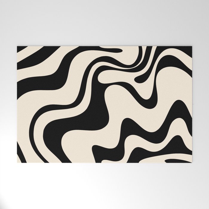 Retro Liquid Swirl Abstract Pattern Black and Almond Cream Welcome Mat Gallery Image 1